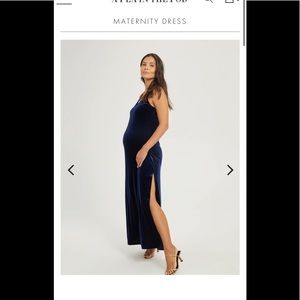A Pea in the Pod x Something Navy velvet evening maternity gown in navy blue